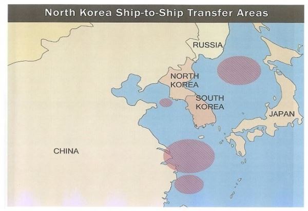 미 재무부는 21일(현지시간) 중국 해운사 두곳에 대해 선박 간 환적 거래 등을 통해 북한을 도운 혐의로 제재대상에 추가했다고 발표하면서, 북한의 선박 간 해상 거래가 이루어지는 지점을 표기한 지도를 공개했다./사진=미 재무부 홈페이지