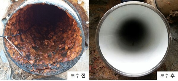 GS건설은 상수도관을 굴착하지 않고 보수하는 친환경 신공법을 개발해 환경부로부터 신기술 인증서를 받았다고 11일 밝혔다. 사진은 상수도관 보수공법 전후 사진. /GS건설
