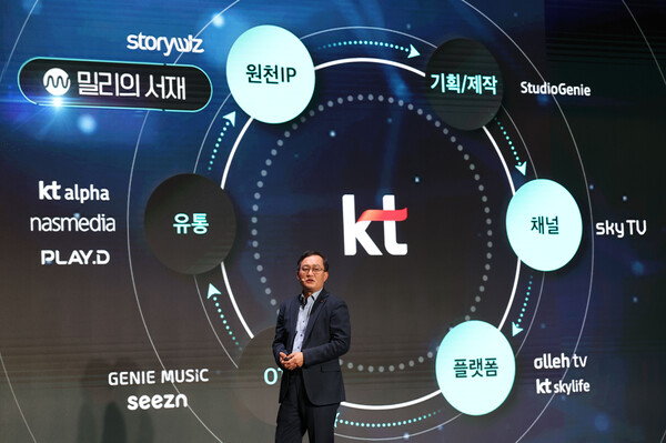 7일 서울 송파구 소피텔 앰배서더 호텔에서 KT 커스터머부문장 강국현 사장이 콘텐츠 전략을 발표하고 있다. /사진=연합뉴스