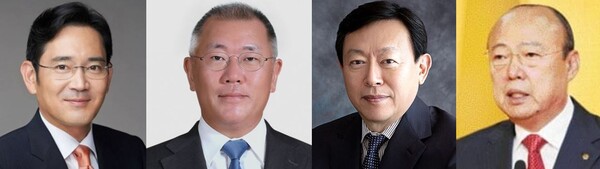 사진 왼쪽부터 이재용 삼성전자 부회장, 정의선 현대차그룹 회장, 신동빈 롯데그룹 회장, 김승연 한화그룹 회장.