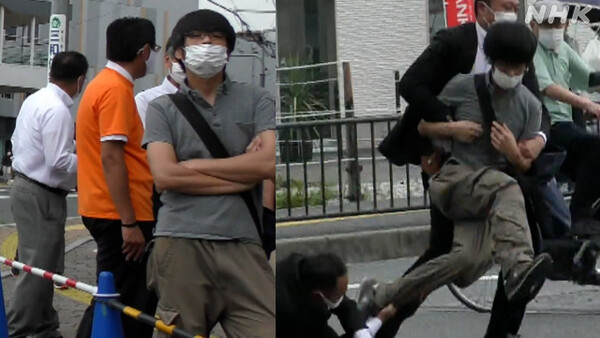8일 아베 신조 전 일본총리를 사제총으로 저격한 야마가미 데쓰야의 범행 직전 모습(왼쪽)과 체포 당시 모습./NHK방송 캡처