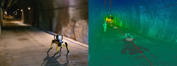 레이저 스캐너를 활용한 터널 현장 3D 형상 데이터 취득 및 분석 장면./현대건설