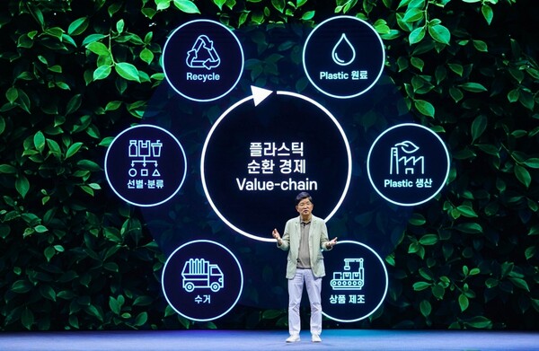 나경수 SK지오센트릭 사장이 2021년 8월 '브랜드 뉴 데이'에 참가해 파이낸셜 스토리의 구체적인 실행 방안을 발표하고 있다./사진=SK이노베이션
