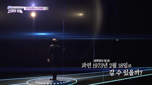 버추얼 스튜디오에서 촬영된 장학퀴즈 특별방송에서 진행자가 1973년 2월 장학퀴즈 1회 당시의 스튜디오로 돌아가는 장면./이미지=SK