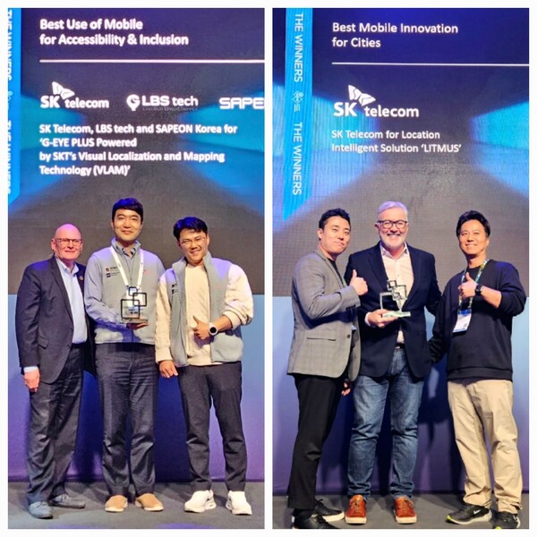 SK텔레콤이 1일(현지시간) 세계적 권위의 'GSMA 글로벌 모바일 어워드(GLOMO) 2023'에서 소셜 벤처 LBS테크·AI반도체 기업 사피온 코리아와 함께 위치 측위 AI 기술 ‘VLAM’을 적용한 고정밀 위치 기반 시각장애인용 내비게이션 ‘G-EYE 플러스’로 수상에 성공했다. /SKT