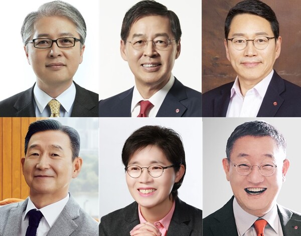 2024년 LG그룹 임원인사에서 유임된 주력 계열사 최고경영자(CEO)들. 왼쪽부터 LG전자 조주완, LG화학 신학철, (주)LG 권용석, LG유플러스 황현식, LG생활건강 이정애, LG CNS 현형식 CEO.