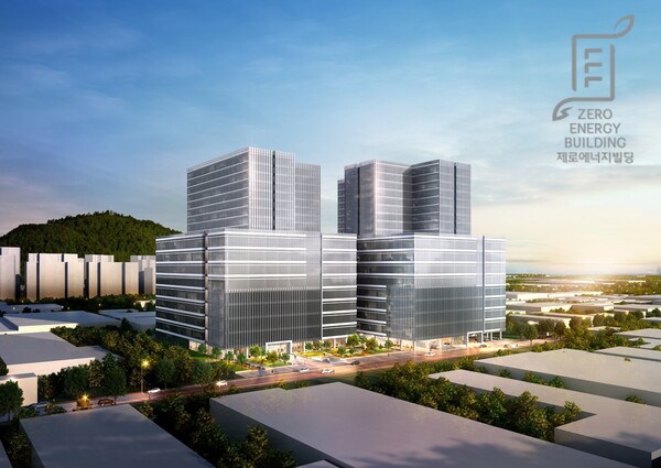 SK에코플랜트가 시공하는 서부산 SK V1 지식산업센터가 중대형 SOFC 연료전지를 적용해 제로에너지빌딩 예비인증을 획득했다. 사진은 서부산 SK V1 지식산업센터 투시도. / SK에코플랜트