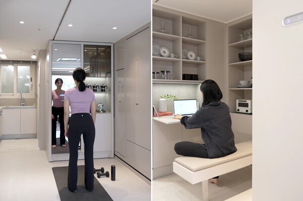 현대건설은 28일 전동 수납장과 벽체 매립형 가구를 추가한 'H트랜스포밍 월&퍼니처Ⅱ'를 공개했다. 사진은 홈짐, 홈오피스 등 'H 트랜스포밍 월&퍼니처Ⅱ' 활용 예. /현대건설