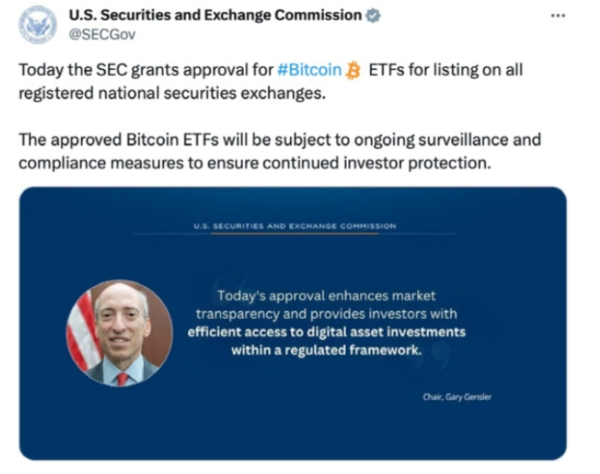 10일 오전 6시 11분 SEC X(구 트위터) 계정에 비트코인 현물 ETF가 승인됐다는 게시글이 올라왔다. 해당 게시글은 곧 삭제됐다.
