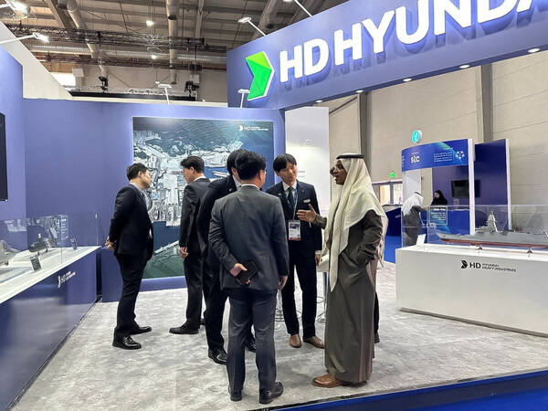 4일부터 8일까지 5일가 사우디아라비아의 수도 리야드(Riyadh)에서 열리고 있는 ‘WDS 2024(World Defense Show)’의 HD현대중공업 부스다. /2024년2일5일 HD현대중공업