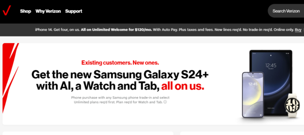 미국 3대 이동통신사 중 한곳인 버라이존의 홈페이지. 버라이존에 가입하면 삼성전자 최신폰 갤럭시S24를 공짜로 주고, 이에 더해 워치, 태블릿까지 덤으로 준다고 광고하고 있다./버라이존 홈페이지 캡처.
