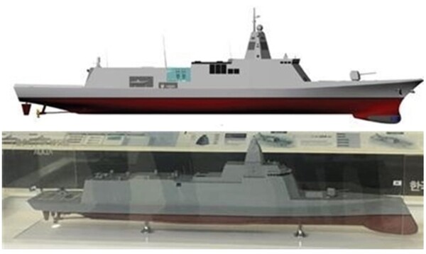 대우조선해양이 2013년 선보인 KDDX 모형 설계도(상)와 현대중공업이 2019년 자체수행한 KDDX 모형(하)./서일준 의원실