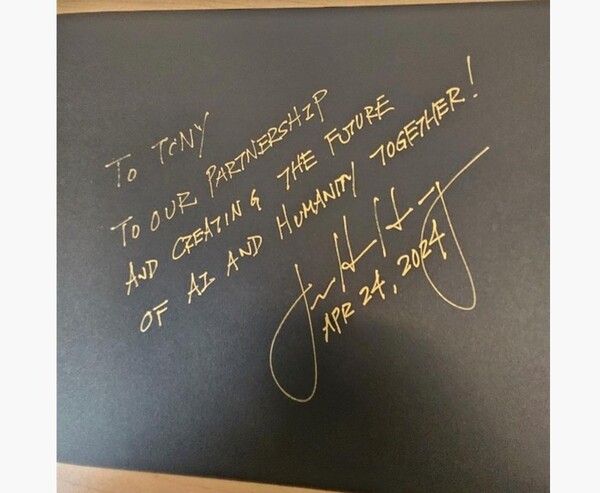 최태원 SK그룹 회장이 자신의 인스타그램에 올린 젠슨 황 엔비디아 CEO의 자필 메시지./ 2024.4.25. 최태원 회장 인스타그램.