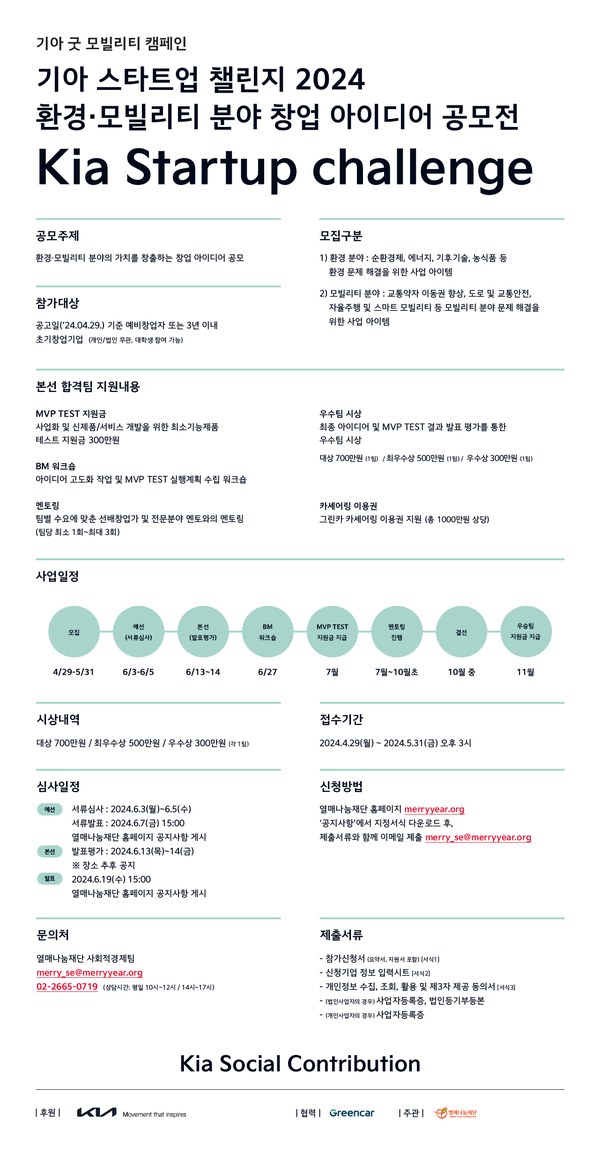 기아가 사회복지법인 열매나눔재단과 카셰어링 기업 그린카와 함께 환경과 모빌리티 분야를 이끌 미래세대 육성을 위한 ’굿 모빌리티 캠페인–스타트업 챌린지‘ 참가자를 모집한다./이미지=기아