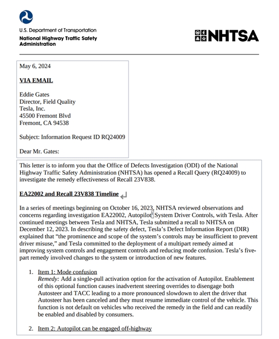 미국 도로교통안전국(NHTSA)이 테슬라에 보낸 통지문./자료=NHTSA