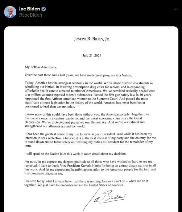 조 바이든 미국 대통령이 2024년 7월 21일 오후 엑스(x)에 올린 편지 형식의 성명./X캡처