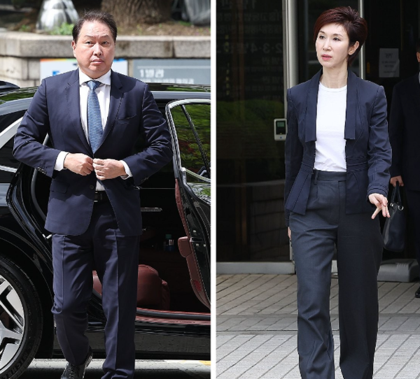 최태원 SK 회장과 노소영 아트센터 나비 관장이 2024년 4월 16일 오후 서울 서초구 서울고등법원에서 열린 이혼 소송 항소심 공판에 출석했다. 왼쪽은 법정 출석하는 최 회장, 오른쪽은 재판을 마친 뒤 법정을 나서는 노 관장./사진=연합뉴스