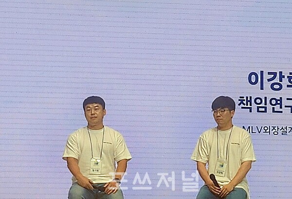 현대자동차그룹이 2024년 8월 22일 서울 중구 장충동 ‘크레스트 72’에서 개최한 ‘히트 테크 데이'에서 정기헌 MLV 외장설계1팀 파트장(왼쪽)과 이강희 MVL 외장설계1팀 책임연구원이 기자들의 질문을 듣고 있다./사진=정현민 기자