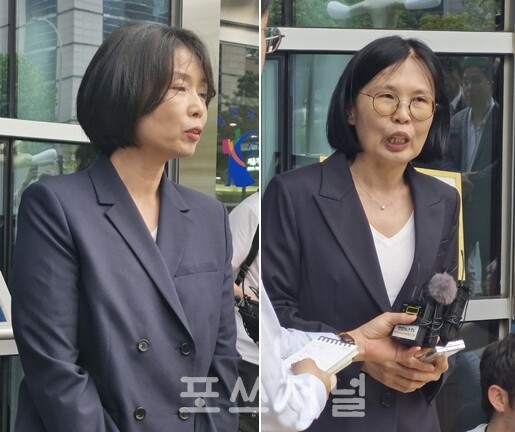 노소영 관장 측 법률대리인인 김수정 변호사(왼쪽)와 김희영 이사장 측 법률대리인 배인구 변호사가 취재진 앞에서 1심 재판 결과에 대해 입장을 표명하고 있다./사진=서영길 기자 