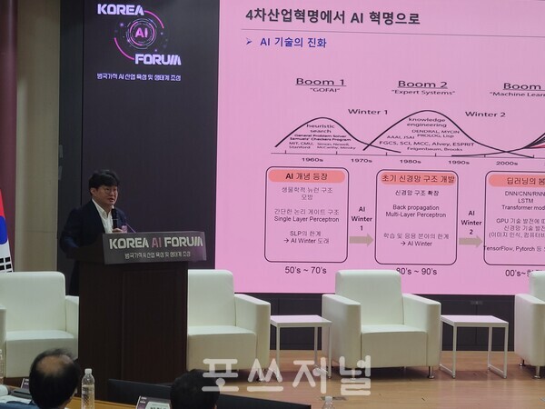 정구민 국민대학교 전자공학부 교수가 2024년 8월 26일 국회의원회관에서 열린 세미나 ‘범국가적 AI 육성 및 생태계 조성’에서 주제발표를 진행하고 있다. / 사진=이현민 기자