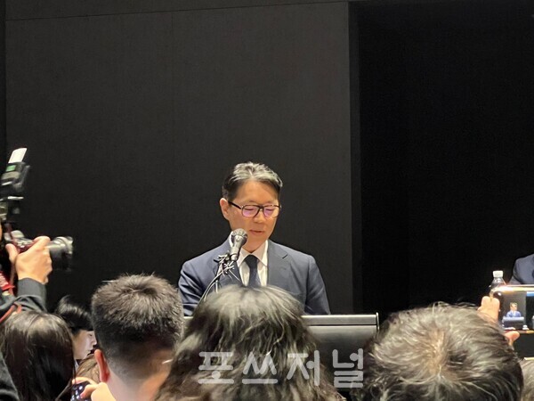 2024년 11월 7일 글래드 여의도 호텔에서 임종훈 한미사이언스 대표가 '한미그룹 밸류업 및 중장기 성장전략 기자회견'을 열고 발언하고 있다./사진=김지훈 기자