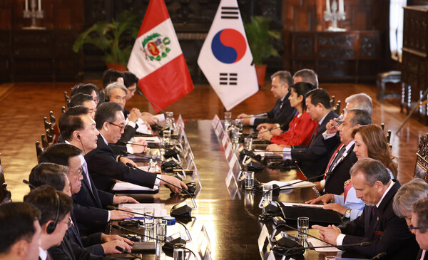 윤석열 대통령이 2014년 11월 16일(현지시간) 페루 리마 대통령궁에서 디나 볼루아르테 페루 대통령과 아시아태평량경제협력체(APEC) 계기 한·페루 확대 정상회담을 하고 있다. /연합