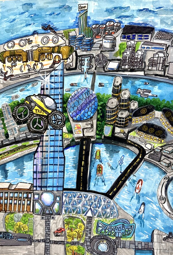 현대자동차가 어린이들이 앞으로 살고 싶은 상상 속 미래도시를 주제로 한 그림 공모전을 진행한다. 사진은 제8회 부총리 겸 교육부 장관상 수상자 조강현 어린이의 '이-프리 플로팅 시티(E-free Floating City)' 작품 이미지./사진=현대차.