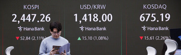2024년 12월 4일 오전 서울 중구 하나은행 딜링룸 전광판에 이날 거래를 시작한 코스피, 원/달러 환율, 코스닥 지수가 표시돼 있다./사진=연합뉴스