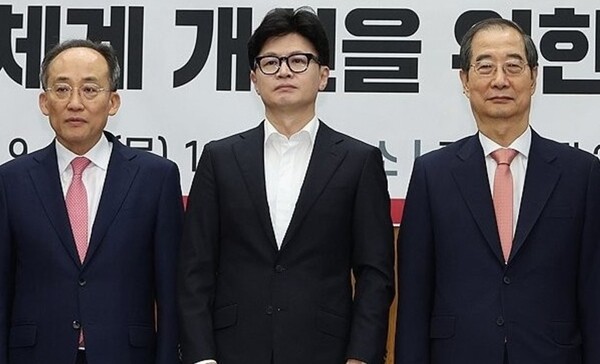 사진 왼쪽부터 추경호 국민의힘 원내대표, 한동훈 국민의힘 대표, 한덕수 국무총리./연합뉴스