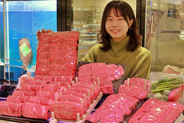 롯데백화점 본점 지하 1층 식품관에서 한우를 들고 있는 모델 / 사진=롯데백화점