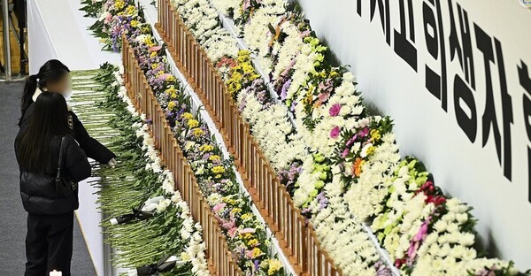 30일 전남 무안군 무안종합스포츠파크에 마련된 제주항공 여객기 사고 합동분향소에서 추모객이 헌화하고 있다. 2024.12.30 연합뉴스