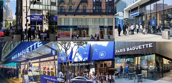 파리바게뜨가 북미 지역에 운영 중인 매장들. 왼쪽 위부터 시계방향으로 뉴욕 맨해튼 브로드웨이점, 뉴욕 맨해튼 렉싱톤 에비뉴점, 캐나다 토론토 영앤쉐퍼드점, 필라델피아 유니버시티점, 캘리포니아 DTLA점, 캐나다 코퀴틀람점./SPC