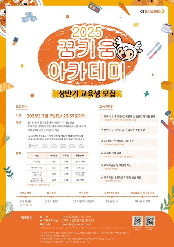 CJ나눔재단이 다음 달 9일까지 취업취약계층 청년들의 직무 역량을 강화하고 취업 연계를 지원해 실질적인 자립을 돕는 'CJ도너스캠프 꿈키움 아카데미'의 2025년도 상반기 교육생을 모집한다./사진=CJ나눔재단.