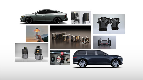 현대차·기아 2024 굿디자인 어워드 수상작. (왼쪽 상단부터 시계방향으로) 기아 K4, 가정용 충전기, 엑스블 숄더, 모베드 딜리버리, 제네시스 네오룬 콘셉트, 포니 디퓨저, 달이 딜리버리, 멀티랜턴, 중앙은 DICE·SPACE·CITY POD./사진=현대차