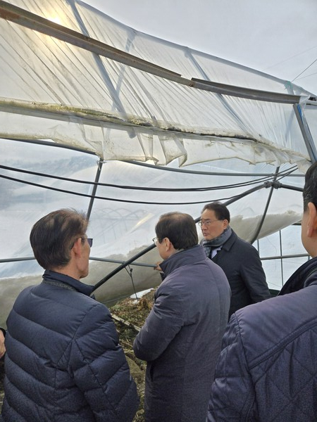 지준섭 농협중앙회 부회장이 2025년 1월 31일 충청남도 청양군 대설 피해 농가에 방문해 농업인을 위로하고 있다. /농협