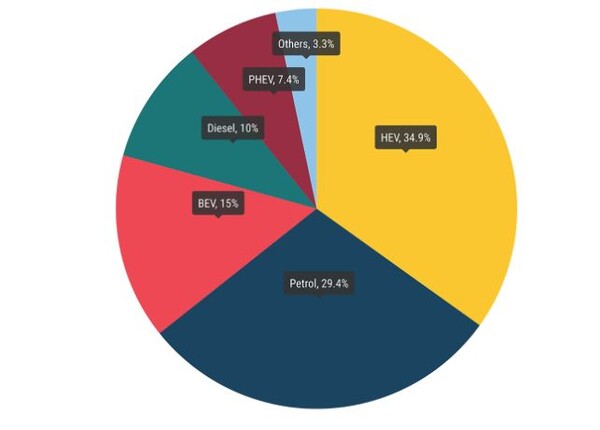 2025년 1월 유럽연합(EU) 자동차 연료별 판매(신규 등록 기준) 현항. 하이브리가 34.9%로 가장 많고 이어 휘발류 29.4%, 순수전기차(BEV) 15%, 디젤 10%, 플러그인하이브리드)PHEV), 수소연료전지 등 기타 3.3% 순이다./자료=유럽 자동차공업협회(ACEA)
