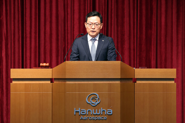 2025년 3월 25일 경기 성남시 상공회의소에서 열린 '2025년 주주총회'에서 손재일 한화에어로스페이스 대표이사가 발언하고 있다. /한화에어로스페이스