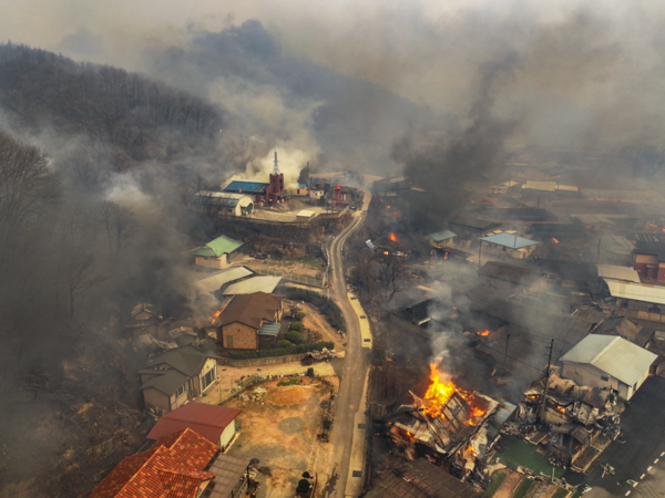 경북 의성군 산불 발생 나흘째인 25일 의성군 단촌면 하화1리에 강풍에 날아온 산불 불씨로 인한 화재가 발생해 있다. 2025.3.25./연합