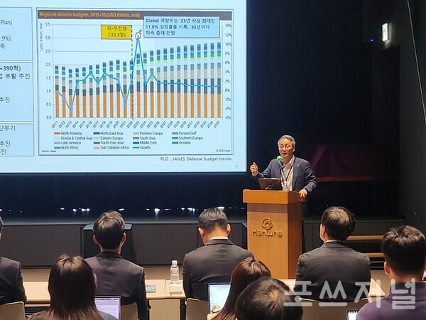 2025년 4월 8일 중구 한화빌딩에서 열린 한화에어로스페이스 미래비전 설명회에서 안병철 한화에어로스페이스 전략총괄 사장이 투자계획을 설명하고 있다. /사진=송신용 기자