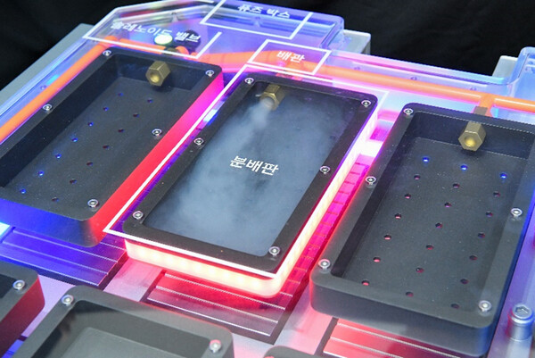 현대모비스가 열폭주를 방지하기 위해 개발한 배터리시스템 모형. 발화 지점에 소화약제를 강한 압력으로 분사해 화재를 진압할 수 있다./사진=현대모비스