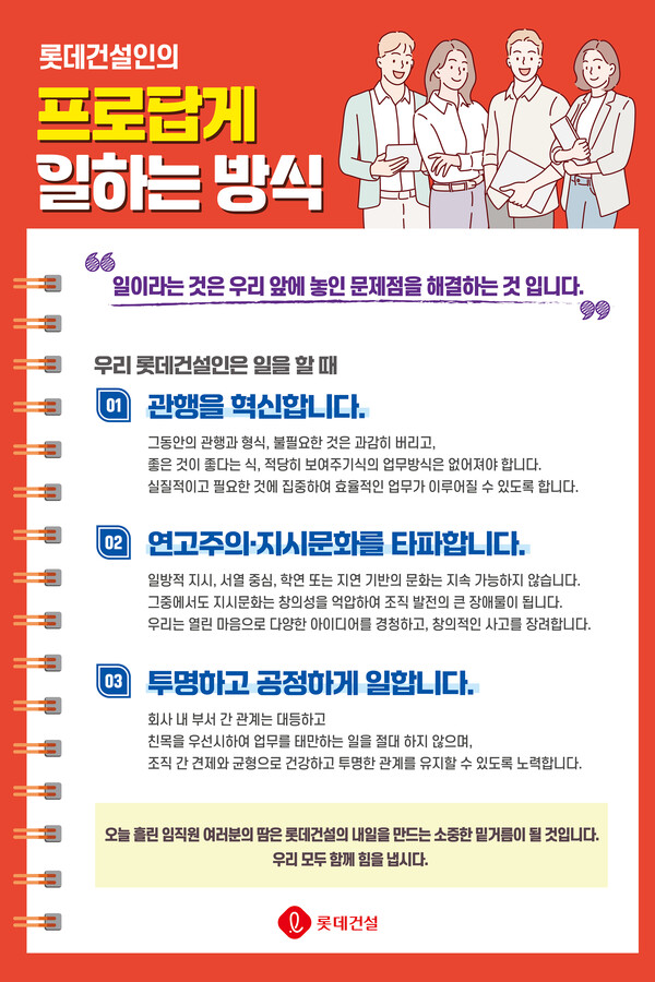 2025년 4월 28일 롯데건설은 경영방침 중 'New Spirit'(의식전환)을 실천하기 위한 캠페인으로 '프로답게 캠페인'을 시행 중이라고 밝혔다. /이미지=롯데건설