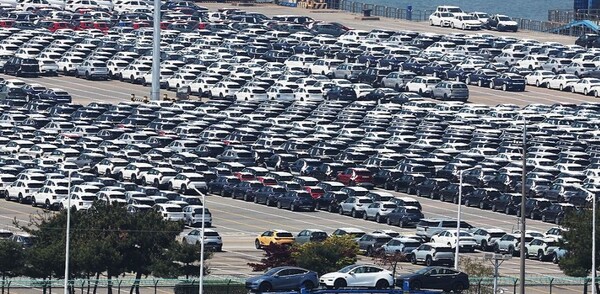 평택항에서 수출 선적을 기다리는 한국산 자동차./연합