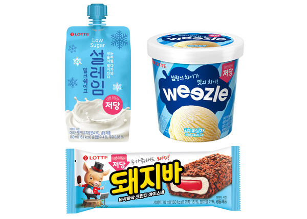 '돼지바 저당'·'설레임 밀크쉐이크 저당'·'위즐 리치바닐라 저당' 신제품 3종 제품 패키지 모음. /이미지=롯데웰푸드