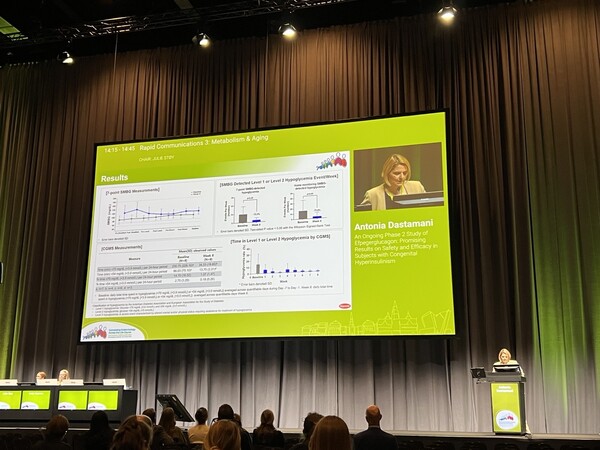 2025년 5월 11일 덴마크 코펜하겐에서 열린 유럽소아내분비학회(ESPE) 및 유럽내분비학회(ESE) 공동 학술대회에서 에페거글루카곤에 대한 임상 2상 중간 분석 결과를 영국 연구자인 안토니아 다스타마니 박사가 발표하고 있다. /한미약품