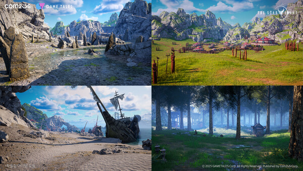 컴투스는 2025년 6월 5일 신작 MMORPG(다중접속역할수행게임) '더 스타라이트'의 (왼쪽 상단부터 시계방향으로) '동부 샌드강 유역', '나르마족 정착지', '소통의 숲', '가려진 해안' 스틸컷을 공개했다. /컴투스