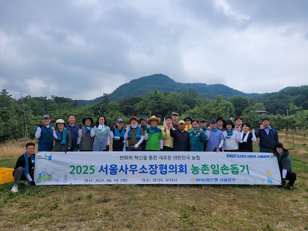 NH농협은행 서울사무소장협의회·서울본부 임직원들 2025년 6월 10일 경기도 포천시 영북농협 관내농가를 찾아 농촌 일손돕기를 실시한 후 기념 촬영을 하고 있다./사진=NH농협은행