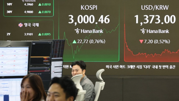 코스피가 3000선을 돌파한 20일 오전 서울 중구 하나은행 본점 딜링룸 전광판에 코스피 지수가 표시되고 있다./사진=연합뉴스