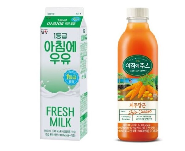 남양유업의 '아침에우유'(왼쪽)와  서울우유협동조합의 '아침에 주스'./각사 홈페이지