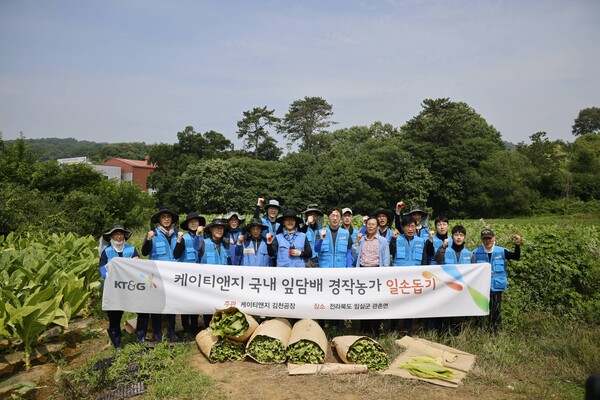 KT&G 임직원이 일손 부족으로 어려움을 겪는 잎담배 농가를 돕기 위해 2025년 6월 27일 전라북도 임실군 관촌에서 잎담배 수확 봉사를 진행한 후 기념사진을 촬영하고 있다. /KT&G