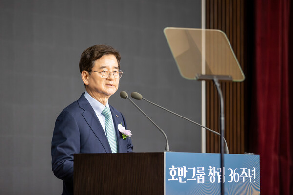2025년 6월 30일 서울 서초구 호반그룹 본사에서 열린 호반그룹 창립 36주년 기념식에서 김선규 호반그룹 회장이 기념사를 하고 있다. /호반그룹